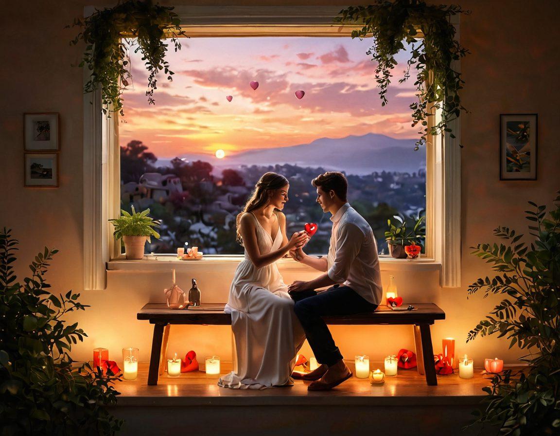 A romantic scene depicting a couple in an intimate moment, surrounded by soft, warm lighting and symbols of love like hearts and intertwined hands. Include elements showing their journey, like a timeline with milestones such as a first date, engagement ring, and wedding. The background should feature a tranquil sunset or a cozy living room filled with plants and personal memorabilia. super-realistic. vibrant colors. soft focus.