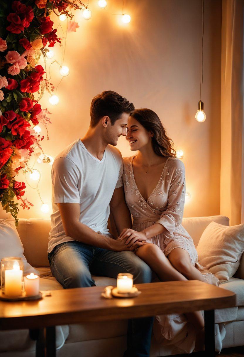 An intimate setting with a couple sitting closely on a cozy sofa, surrounded by soft lighting and romantic decor, sharing heartfelt laughter. The scene captures warm colors, symbols of love like hearts and petals, and cherished moments like holding hands and exchanging loving glances. The background features a subtle, dreamy atmosphere that enhances the feeling of deep connection and intimacy. vibrant colors. soft focus. romantic style.