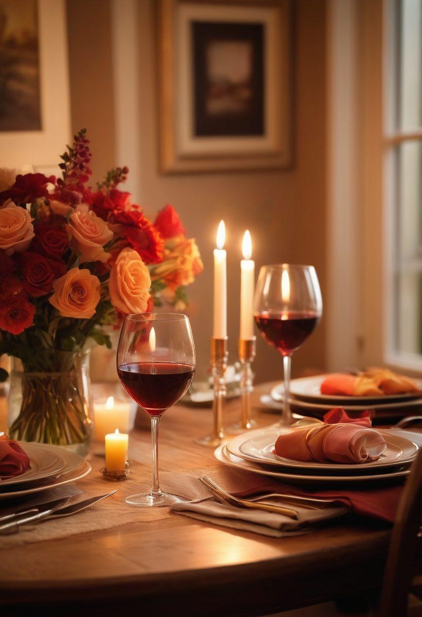 A cozy candlelit dinner setting, featuring a beautifully set table with flowers and wine, surrounded by soft, glowing lights that evoke warmth and intimacy. In the background, a couple sharing a tender moment, with expressive body language illustrating deep emotional connection and romance. The scene captures the essence of love and lasting bonds, with inviting hues of red, gold, and soft pastels. super-realistic. warm tones. soft focus.